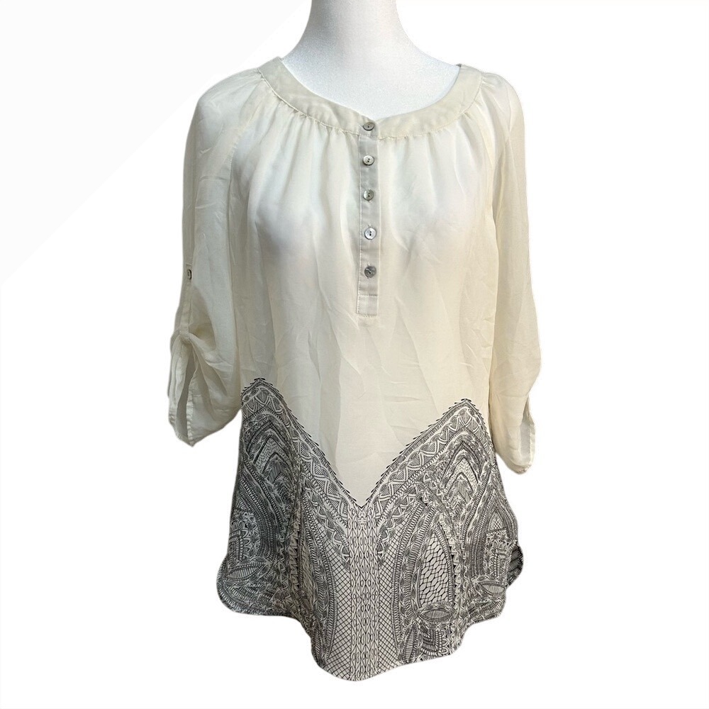 Apt. 9 Henley Blouse Womens XS Cream Black Paisley Roll Tab Sleeve Top Shirt